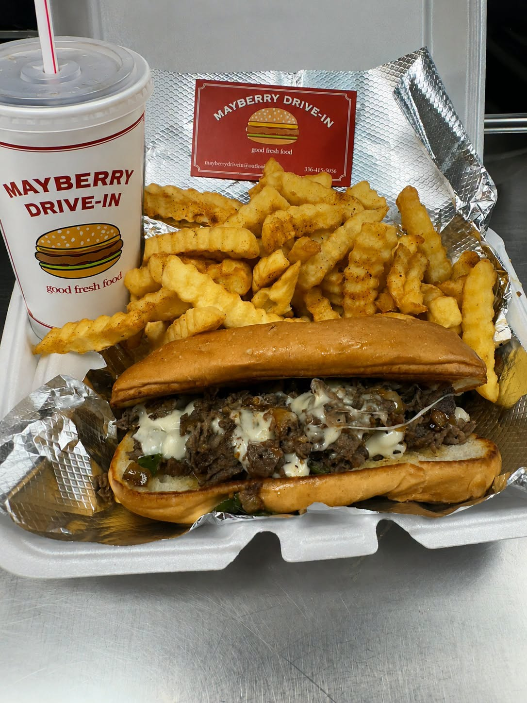 Mayberry Drive In Steak and Cheese sandwich